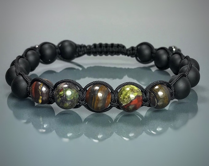 Blood Stone & Tiger Iron Bracelet.  Mens Shamballa. Meditation. Smooth Energy Flow. Good Luck. Positive Energy. Balancing. Grounding Energy