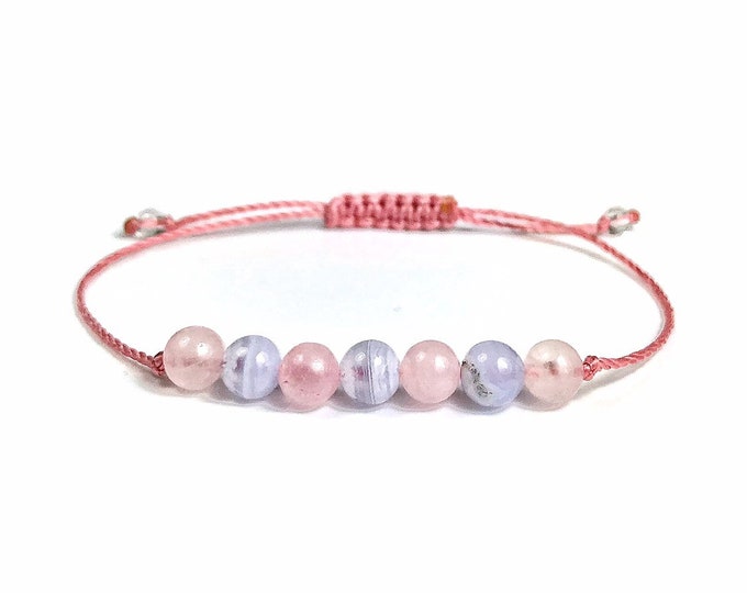 Rose Quartz & Blue Lace Chalcedony Gemstone Bracelet. Unconditional Love. Heart Chakra. Heart Healing. Communication. Courage. Compassion.