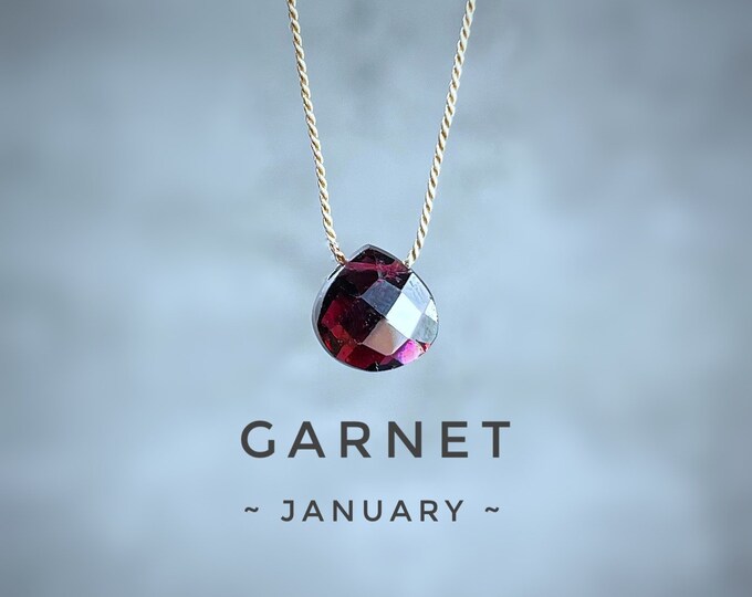 Garnet Necklace. Heart Briollette Teardrop Necklace. Silk Floating Necklace. Includes a Gift Box & Info Card. January Birthstone Gifts.