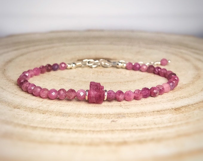 Raw Pink Tourmaline Bracelet: Sterling Silver, October Birthstone