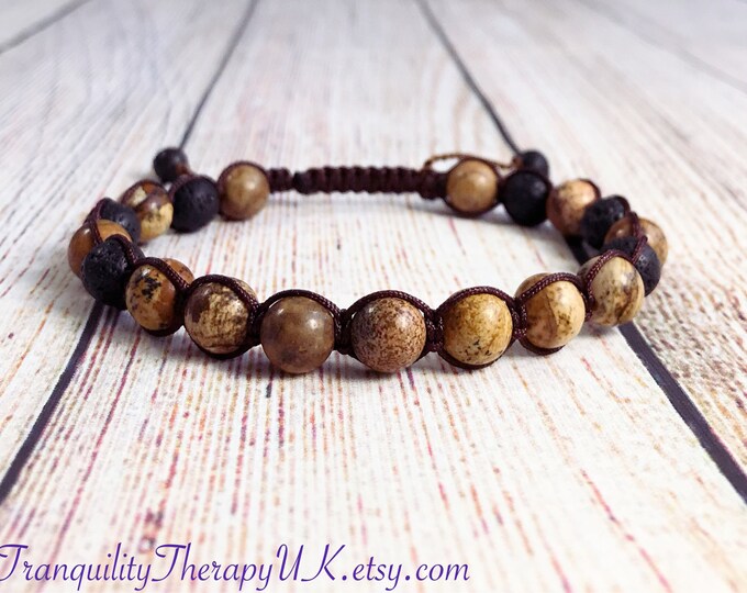 Picture Jasper Bracelet. Earth Meditation. Mens Yoga Mala. Lava Diffuser. Shamballa Mens Bracelet. Mens Mala. Root Chakra. Base Chakra.