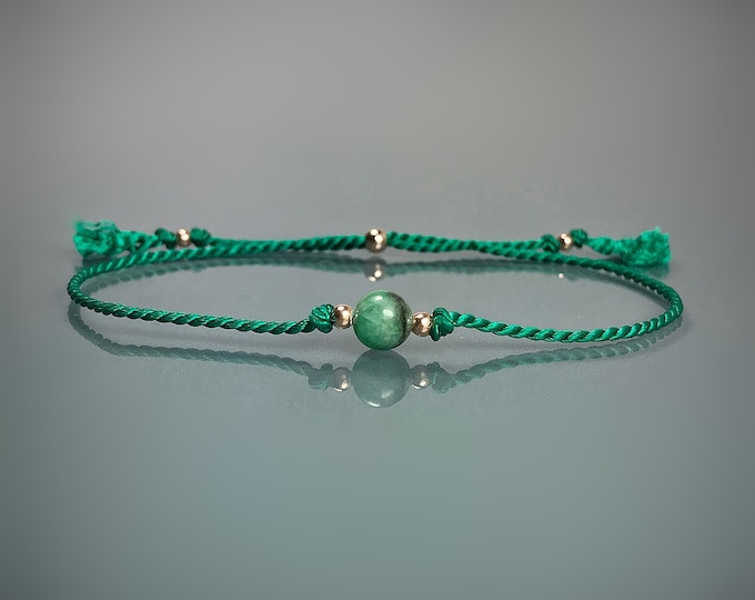 Pure Silk Emerald Bracelet. Sterling Silver. 18K Rose Gold Vermeil. May Birthstone. Birthday Wish. Birthday Gift. Thank You Card. Genuine