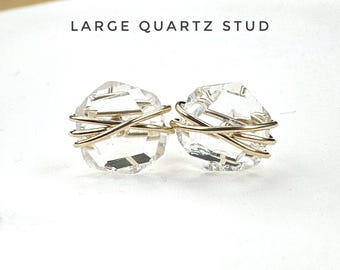 Large Rock Quartz Stud Earrings Hexagon Shape. Quartz Jewelry Gifts. Incl a Gift Box & Crystal Info Card. April Birthstone Gifts Anniversary