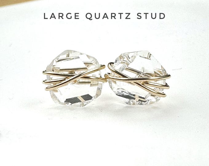 Large Rock Quartz Stud Earrings Hexagon Shape. Quartz Jewelry Gifts. Incl a Gift Box & Crystal Info Card. April Birthstone Gifts Anniversary