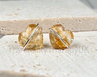 Citrine Heart Stud Earrings: Sterling Silver, 14K Gold Filled