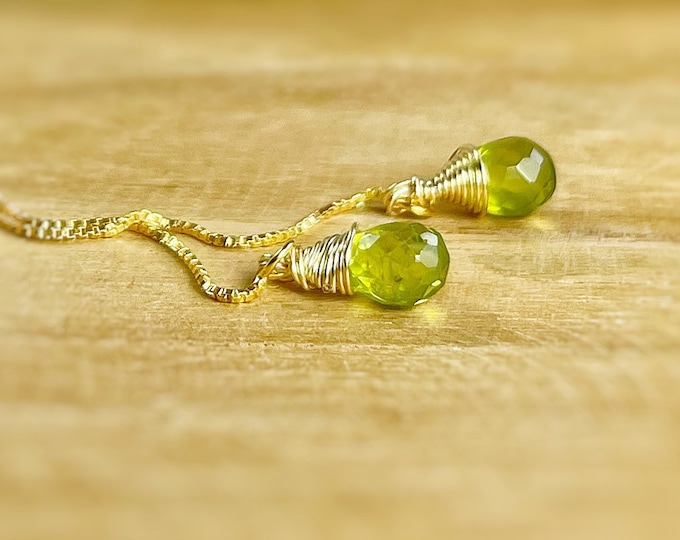 Peridot Threader Earrings. Drop Dangle Earrings. Sterling Silver. Peridot Briolette. Anniversary Gift. Incl a Gift Box & Crystal Info Card