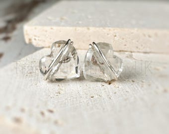 White Topaz Heart Stud Earrings: Sterling Silver, Gold Filled