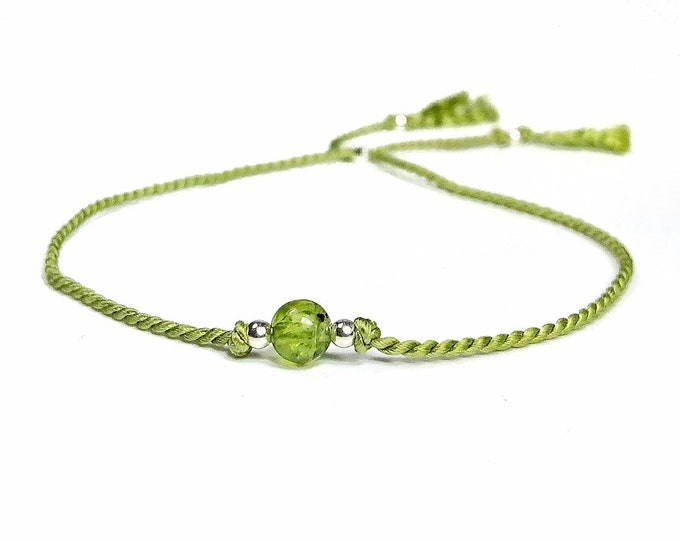 Peridot Bracelet. Natural Silk. Sterling Silver. 18K Rose Gold Vermeil. August Birthstone. Birthday Wish. Birthday Gift. Thank You Card.
