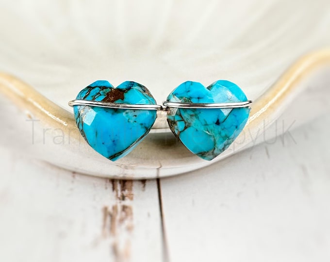Turquoise Heart Stud Earrings. Sterling Silver 14K Gold Filled. Incl a Gift Box & Card Anniversary Gifts Heart Earrings Valentines Gift
