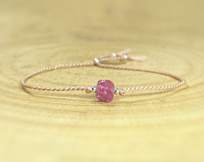 Raw Pink Sapphire Bracelet: Natural Silk Cord, September Birthstone