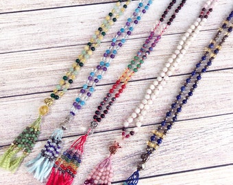 Design Your Own Unique 108 Mala Necklace. Hand Knotted with a Gemstone Tassel. Prayer Bead Necklace. Silk Cord Range, Colours and Guru Beads