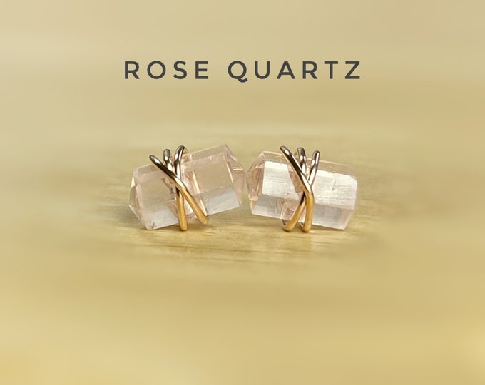 Rose Quartz Stud Earrings. Double Terminated Rose Quartz Jewelry. Includes a Gift Box & Crystal Info Card. Rose Quartz Statement Earrings.