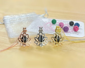 Lotus Flower Lava Stone Aromatherapy Diffuser Necklace: Silver, Gold, Rose Gold