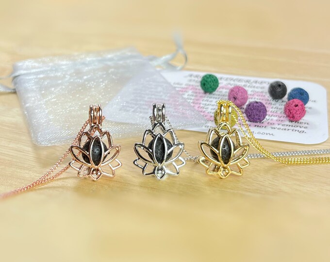 Lotus Flower Aromatherapy Diffuser Necklace. Incl Information Card, Pouch & Lava Stones. Oil Diffuser. Silver. Gold. Rose Gold