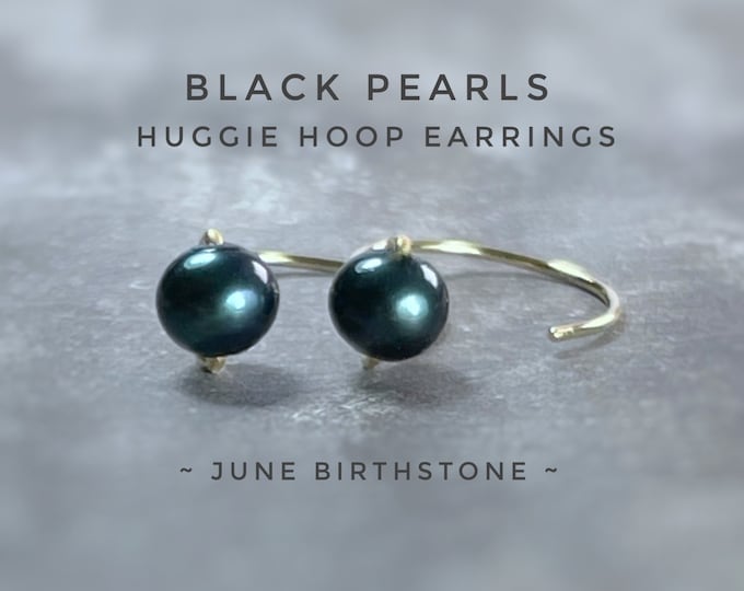 Black Peacock Pearl Huggie Earrings: Sterling Silver June Birthstone