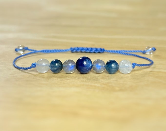 High Vibrational Energy. Intuition. Meditation. Grade AAA Kyanite, AA Spectrolite Labradorite & AAA Grade Moonstone. Kyanite Bracelet.