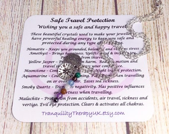Travel Necklace & Info Card. Safe Travelling, Holidays and Journeys.  Crystal Travel Protection.bTravel Gift. Graduation Gift. Compass