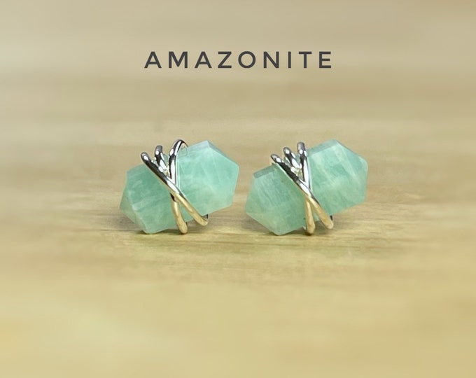 Amazonite Stud Earrings. Double Terminated Amazonite Jewelry. Incl a Gift Box & Crystal Info Card. Birthday Gifts For Her. Statement Studs