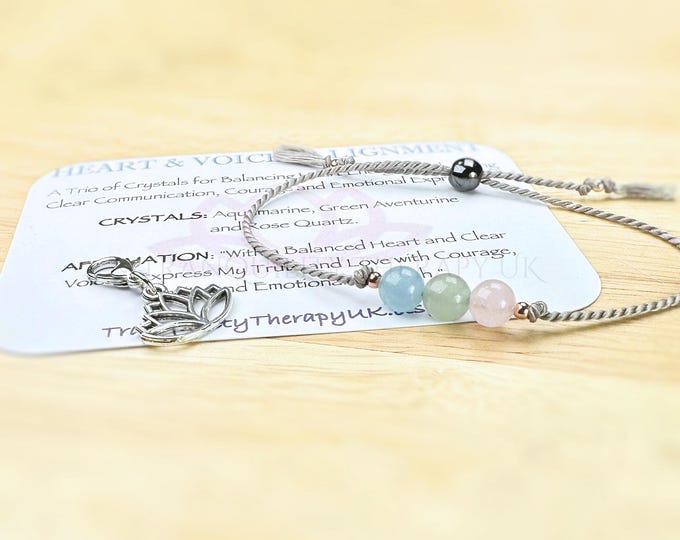 Aquamarine Crystal Bracelet: Heart & Voice Alignment, Lotus Charm