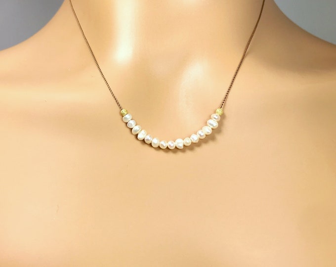 Pearl Necklace. Freshwater Pearl Floating Necklace. Lightweight Natural Silk. June Birthstone Gifts. Incl Gift Box, Info Card & Ribbon Wrap