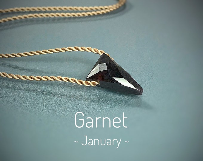 Garnet Necklace. Geometric Triangle Floating Necklace. Natural Strong Silk Cords. Gift Box & Info Card. Choice of Birthstones. January