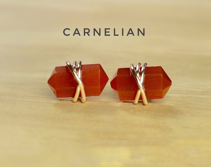 Carnelian Stud Earrings. Double Terminated Carnelian Jewelry. Includes a Gift Box & Crystal Info Card. Birthstone Earrings. Red Crystals.