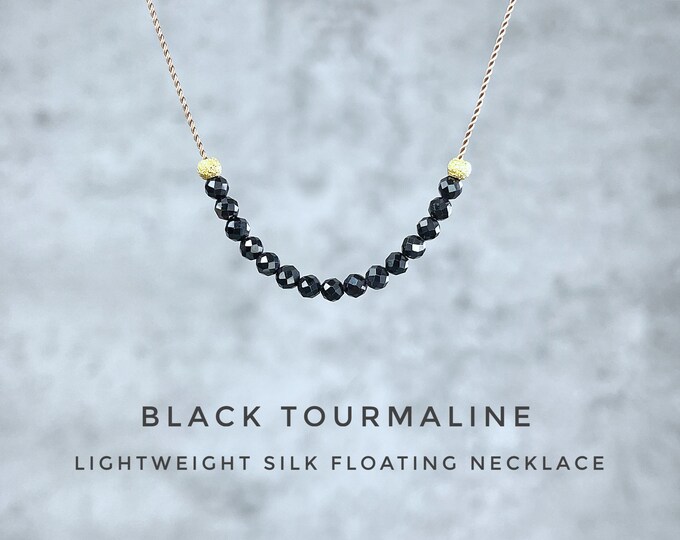 Black Tourmaline Necklace. Black Tourmaline Floating Necklace. Lightweight Natural Silk. Birthstone Gifts. Incl a Gift Box & Crystal Card.