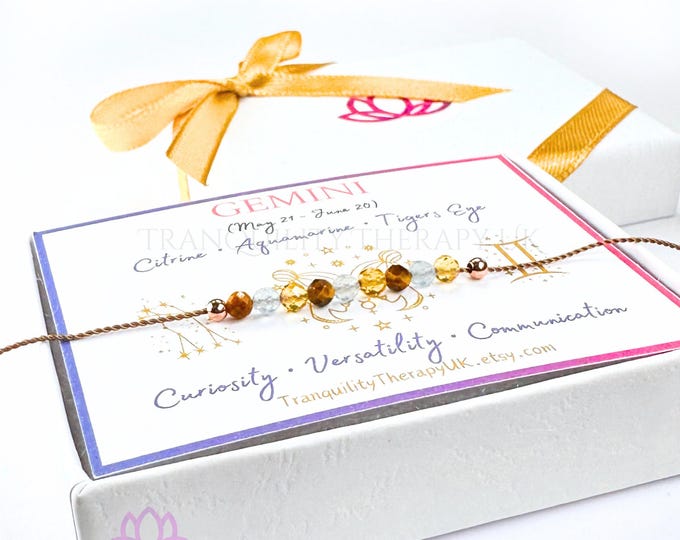 Gemini Zodiac Gemstone Necklace: Natural Silk Cord, Celestial Gift