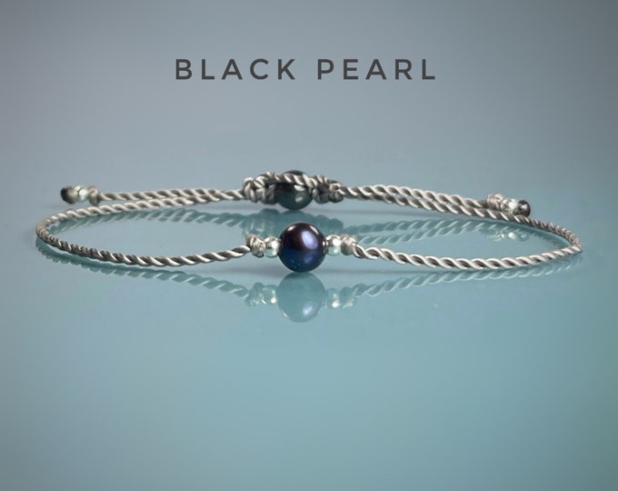 Black Pearl Bracelet. Sterling Silver. 18K Rose Gold Vermeil. Birthstone Gifts. Birthday Wish. Birthday Gift. Customised Cords & Colours.