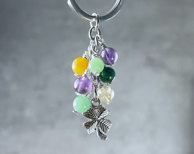 Lucky Gemstone Keyring: Four Leaf Clover Charm, Jade & Amethyst