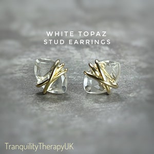 White Topaz Stud Earrings: Marquise Cut, Sterling Silver & 14K Gold Filled