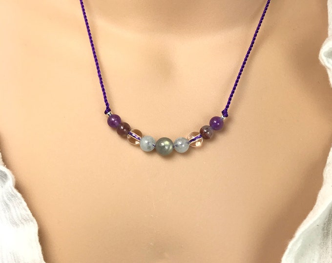 Third Eye Meditation Necklace. Relaxation Bracelet. Yoga. Calming. Mind Focus. Amethyst, Clear Quartz, Aquamarine & Labradorite. Auralite 23