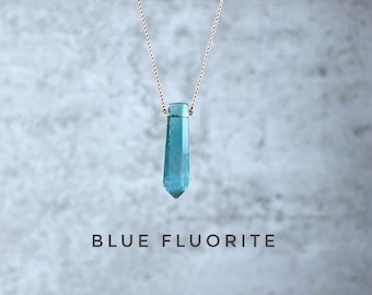 Blue Fluorite Point Necklace: Faceted Teardrop, Silk Cord