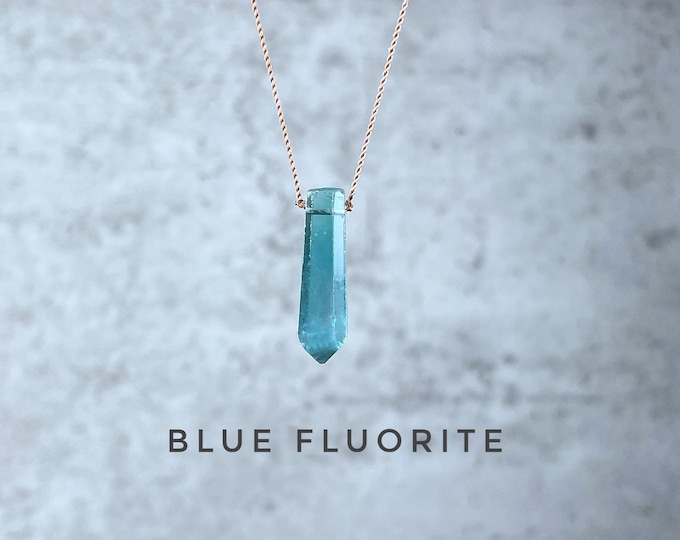 Blue Fluorite Point Necklace: Faceted Teardrop, Silk Cord