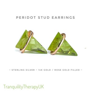 Peridot Stud Earrings. Geometric Triangle. Edgy Earrings. Peridot Jewelry. Includes a Gift Box, Crystal Info Card. August Birthstone Gifts.