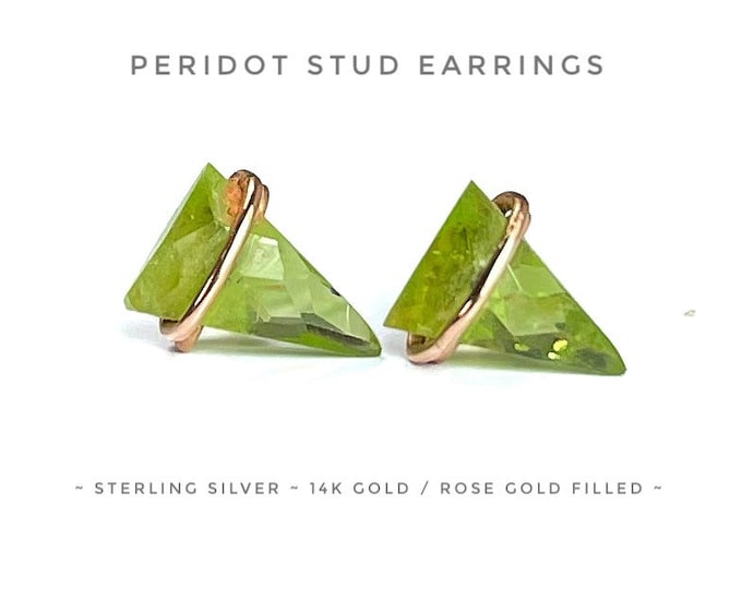 Peridot Stud Earrings. Geometric Triangle. Edgy Earrings. Peridot Jewelry. Includes a Gift Box, Crystal Info Card. August Birthstone Gifts.