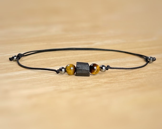 Black Tourmaline Anklet: Tiger's Eye & Hematite, Adjustable Cord
