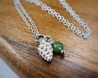 Sterling Silver Pine Cone Necklace: Birthstone Charm, Nature Jewelry