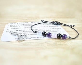 Rose Quartz, Black Tourmaline & Amethyst Bracelet: Love, Protection, Happiness