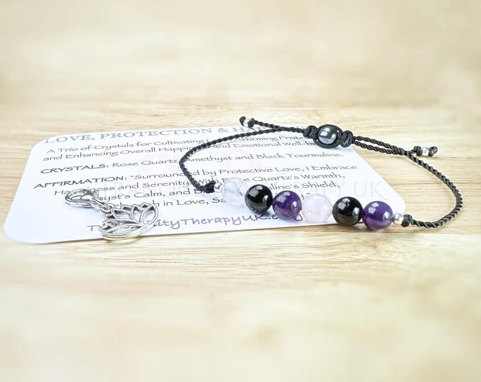 Love, Protection & Happiness. Rose Quartz, Black Tourmaline and Amethyst. Emotional Healing. Self-Love. Calming Energy. Gemstone Gift Sets.