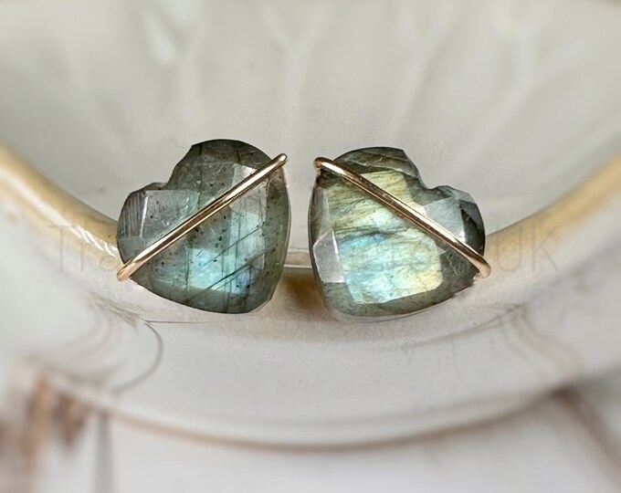 Labradorite Heart Stud Earrings. Sterling Silver 14K Gold Filled. Incl a Gift Box & Card Anniversary Gifts Heart Earrings Valentines Gift