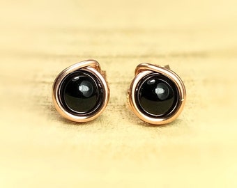 Black Tourmaline Stud Earrings: Sterling Silver Eternity Circle, Gift Box