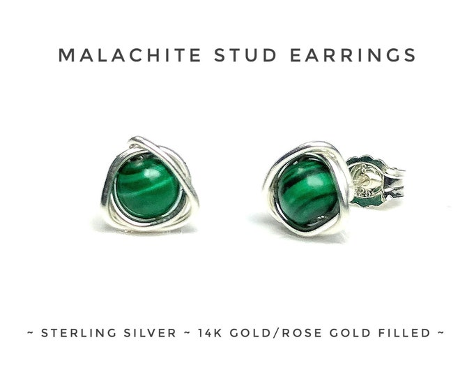 Malachite Stud Earrings. Eternity Earrings. Sterling Silver. 14K Gold/Rose Gold Filled. August Birthstone. Incl Gift Box & Info Gift Card.