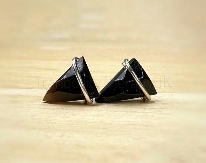 Black Onyx Sterling Silver Triangle Stud Earrings: Edgy Geometric Jewelry