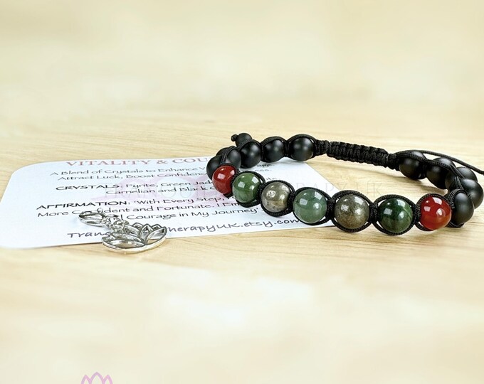 Vitality & Courage Mens Yoga Mala Bracelet, Moss Agate, Pyrite, Carnelian, Black Onyx. Good Luck. Positivity.Disperse Negativity. Confidence