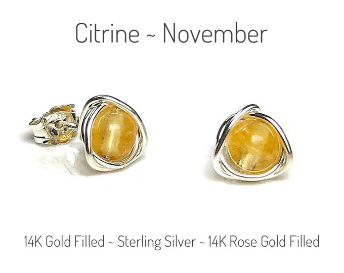 Citrine Stud Earrings. Eternity Knot Studs. November Birthstone. Sterling Silver. Gold/Rose Gold Filled. Includes Gift Box & Info Gift Card.