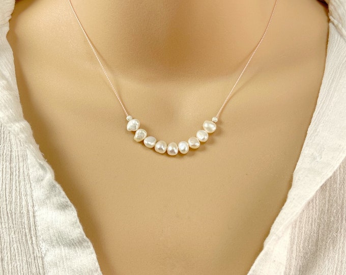 Pearl Necklace. Freshwater Pearl Floating Necklace. Lightweight Natural Silk. June Birthstone Gifts. Incl Gift Box, Info Card & Ribbon Wrap