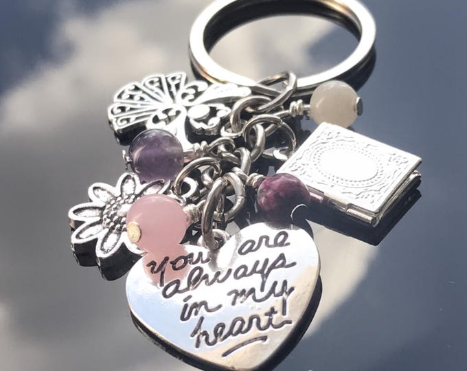 Grief, Loss, Ease Pain and Heartache. Keyring, Key Chain, Bag Charm. Healing Crystals. Genuine Gemstones. Locket. Heart. Angel.
