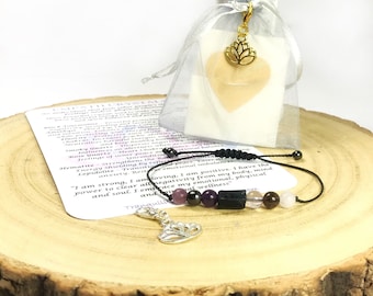 Empath Crystal Bracelet: Black Tourmaline, Lepidolite, Amethyst, Lotus Charm