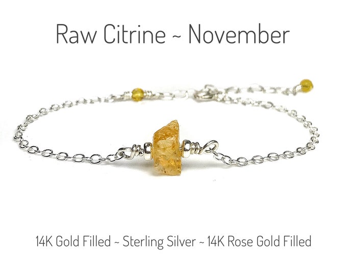 Raw Citrine Bracelet. November Birthstone Gifts. Incl Gift Box & Info Card. Sterling Silver, 14K Rose Gold Filled.  Citrine Birthday Gifts